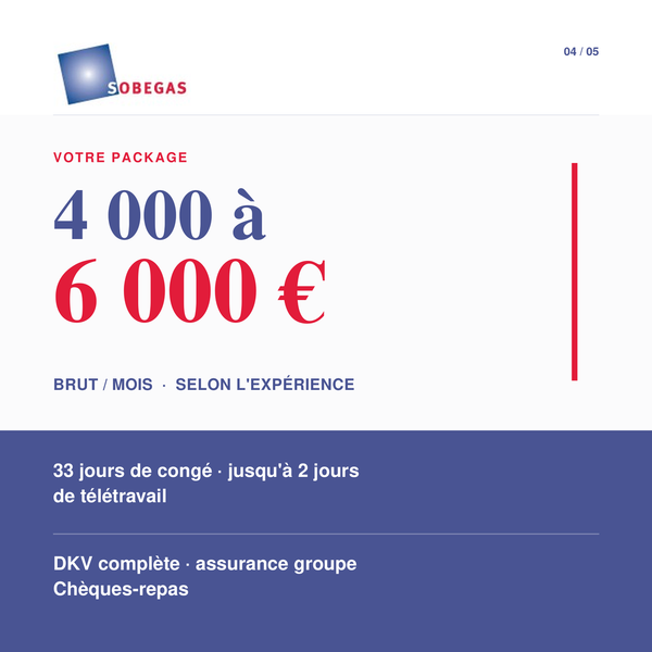 Le poste propose un salaire brut mensuel indicatif de 4 000 € à 6 000 € selon l’expérience, 33 jours de congé et jusqu’à deux jours de télétravail par semaine. Le package comprend également une couverture DKV complète, une assurance groupe et des chèques-repas.