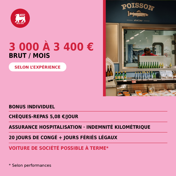Le Delhaize Mozart propose un salaire brut de 3 000 à 3 400 € par mois selon l’expérience, complété par un bonus individuel, des chèques-repas, une assurance hospitalisation, une indemnité kilométrique et une voiture de société possible à terme selon les performances.