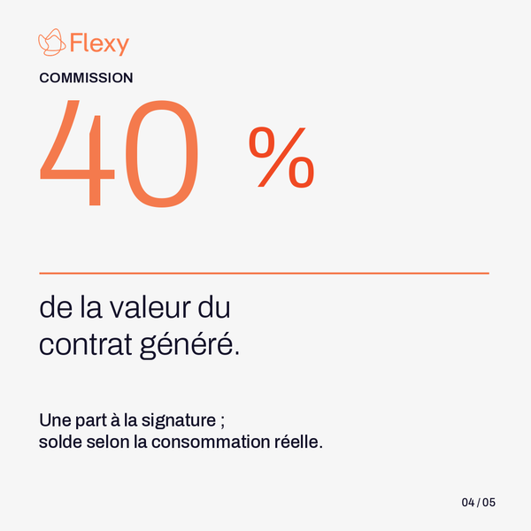 Chez Flexy, le Business Developer freelance perçoit une commission de 40 % de la valeur du contrat généré : une partie à la signature, puis un solde calculé selon la consommation réelle du client.