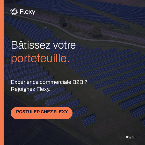 Flexy invite les commerciaux B2B expérimentés à postuler pour bâtir leur propre portefeuille dans le courtage d’énergie. Le visuel évoque l’horeca, l’un des secteurs d’entreprises ciblés.