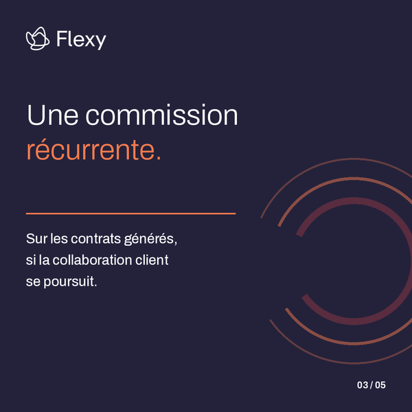 Sur fond bleu nuit, Flexy présente la commission récurrente proposée aux apporteurs d’affaires en énergie B2B. Elle concerne les contrats générés grâce à leurs introductions et se poursuit lorsque la collaboration avec le client continue. Aucun montant ni revenu garanti n’est annoncé.