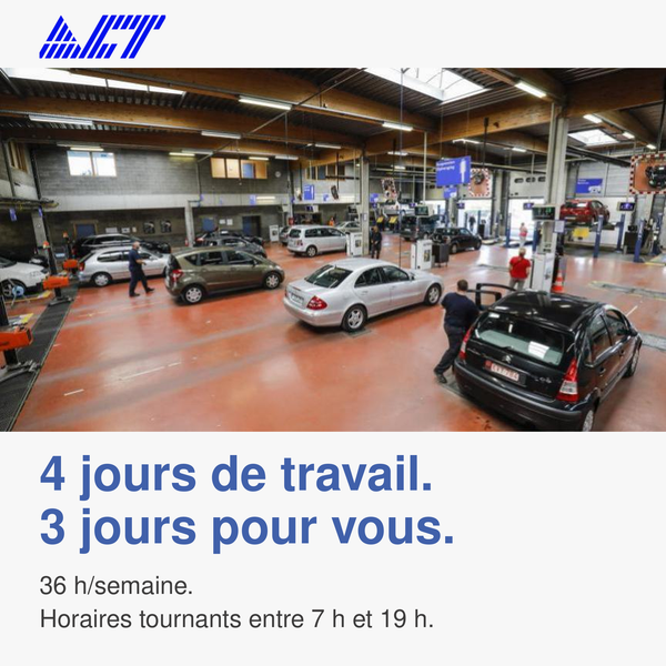 Chez ACT, le poste de Technicien Contrôle Technique à Schaerbeek et Haren propose un temps plein de 36 heures réparties sur 4 jours, avec 3 jours de repos par semaine. Les horaires sont tournants entre 7 h et 19 h : une organisation concrète pour exercer un métier technique tout en disposant de davantage de journées libres.