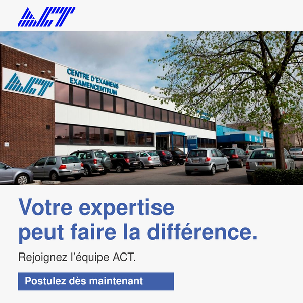 Rejoignez AUTO CONTROLE TECHNIQUE SA comme Technicien(ne) Contrôle Technique à Schaerbeek ou Haren, à Bruxelles. ACT propose un CDI, une semaine de 36 heures sur 4 jours et une formation dès l’entrée. Consultez l’offre et postulez dès maintenant pour mettre votre expertise automobile au service de la sécurité des Bruxellois.
