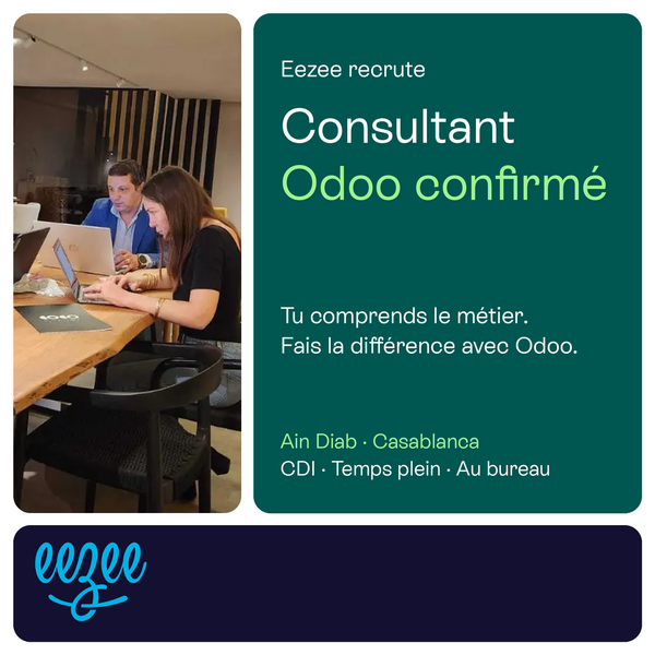 Eezee Maroc recrute un Consultant Odoo confirmé à Ain Diab, Casablanca, pour un poste en CDI à temps plein, au bureau. Mets ton expertise ERP au service des entreprises et transforme leurs besoins métier en solutions concrètes avec une équipe spécialisée dans l’intégration Odoo au Maroc.
