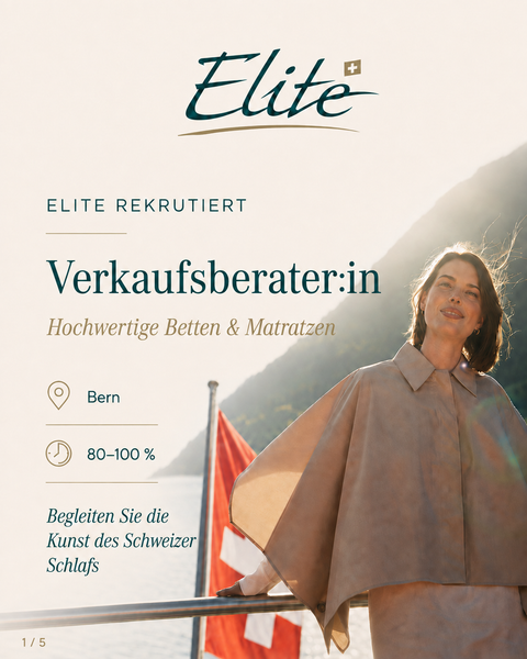Elegante Stellenanzeige von Elite für eine Verkaufsberaterin oder einen Verkaufsberater für hochwertige Betten und Matratzen in Bern, 80–100 %.