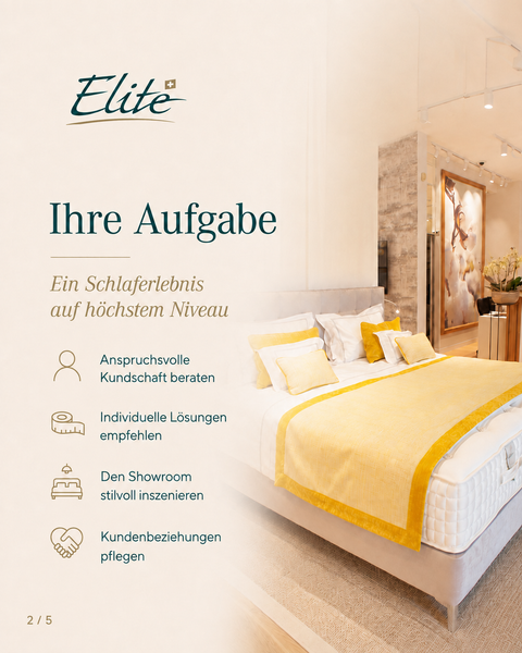 Heller Elite-Showroom mit luxuriösem Bett, der die persönliche Beratung und die Gestaltung individueller Schlaflösungen veranschaulicht.