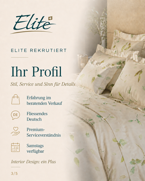 Hochwertige Bettwäsche in einem stilvollen Schlafzimmer, kombiniert mit den wichtigsten Anforderungen an das gesuchte Verkaufsprofil.