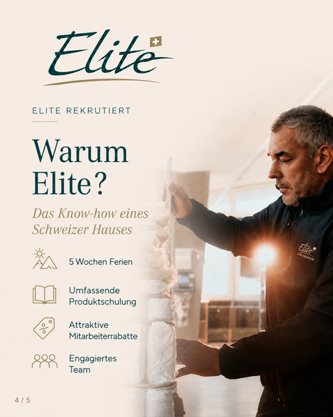 Elite-Mitarbeiter bei der handwerklichen Fertigung einer Matratze, als Symbol für Schweizer Qualität, Know-how und Tradition.