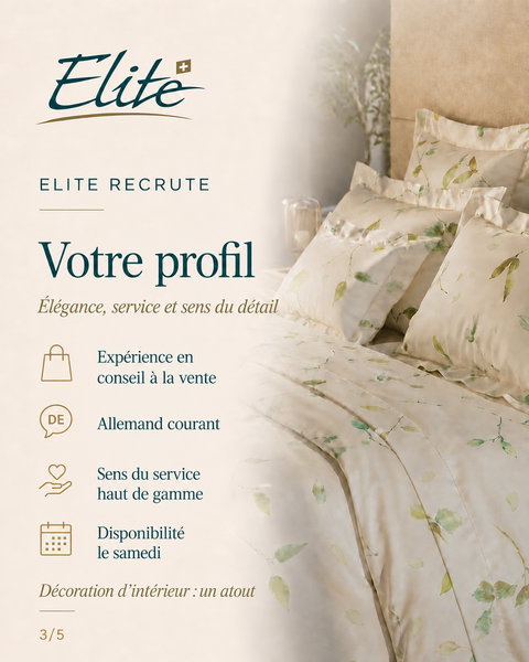 Vous avez de l’expérience dans le conseil à la vente, le sens du service haut de gamme et une bonne maîtrise de l’allemand ? Elite recherche un·e conseiller·ère de vente pour son showroom de Gstaad, disponible le samedi. Une expérience en mobilier, literie, design ou décoration d’intérieur constitue un atout pour ce poste à 60 % ou 80 %.