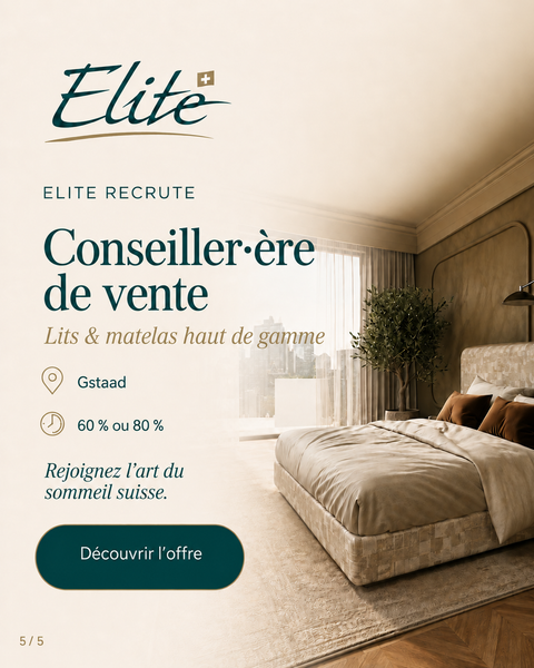 Donnez une nouvelle dimension à votre expérience de la vente en rejoignant Elite Gallery Gstaad, située Untergstaadstrasse 16, 3780 Gstaad. Découvrez ce poste de conseiller·ère de vente en lits et matelas haut de gamme à 60 % ou 80 % et postulez pour contribuer à l’art du sommeil suisse.